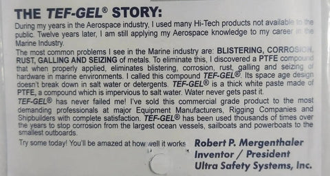 Close-up of product label detailing the story and use of TG1 Anti Corrosion And Anti Seize Lubricant For Marine Rigging And Sailboat Hardware.