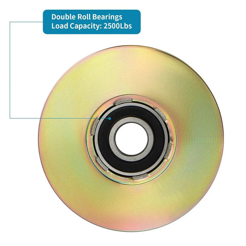 Top view of 4 Inch V Groove Wheel With Double Bearings For Inverted V Track Gate Caster, galvanised AISI 1045 steel, 2500 lbs load capacity