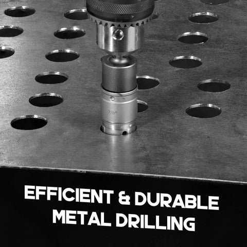 Quick Change 9 Piece Hole Saw Kit Heavy Duty With Tungsten Carbide Cutters drilling metal plate, showing size 7/8 inch bit in use.