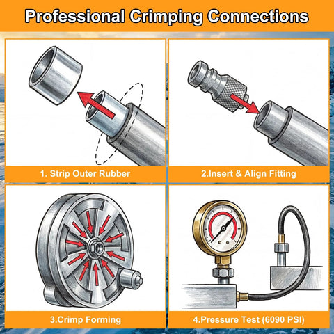 Hydraulic hose assembly infographic: strip outer rubber, insert and align fitting, crimp forming, 6090 PSI test.