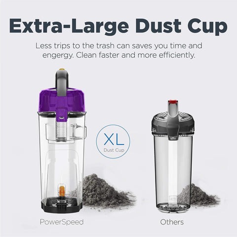 Eureka PowerSpeed bagless upright vacuum cleaner, purple; two vacuums shown, left features extra-large dust cup