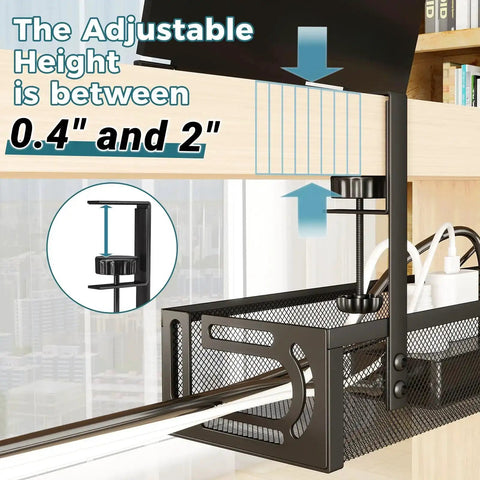 Under Desk Cable Management Tray With Clamp No Drill Installation 25.3 Inch Large Capacity Metal Cord Organizer adjustable height view.
