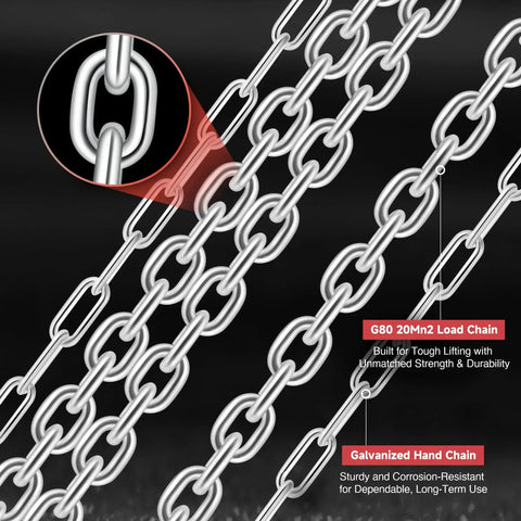 Close-up view of G80 20Mn2 load chain, emphasizes strength and durability, used in 1 Ton Hand Chain Hoist With 20 Ft Lift G80 Chain And Double Guide Wheels.