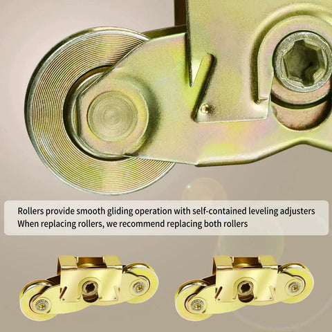 Close-up of a Two Set Gliding Patio Door Tandem Roller Assembly Replaces 1997061 And Is Compatible With 200 Series Perma Shield Narroline And 400 Series Frenchwood Gliding Doors Since 1982 Featuring One And A Quarter Inch Steel Ball Bearing And Side Adjustable in brass finish