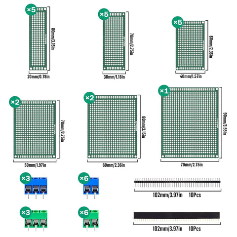 Dope DIY PCB Prototype Kit With 58 Pieces In Six Sizes Double Sided Solder Boards 2.54mm 40 Pin Header Connectors And 5mm KF301 Terminal Blocks