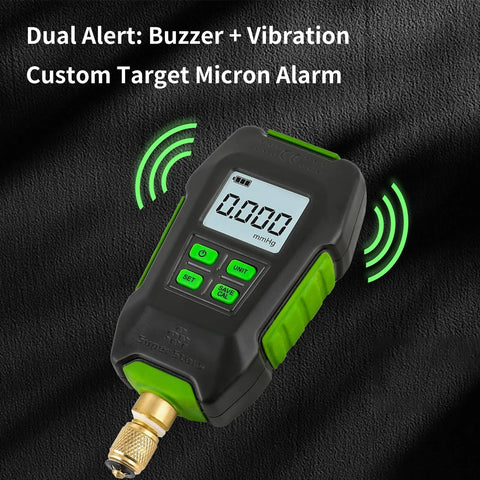 Digital micron vacuum gauge for HVAC with 1/4 in SAE port; black handheld unit with green accents and LCD display