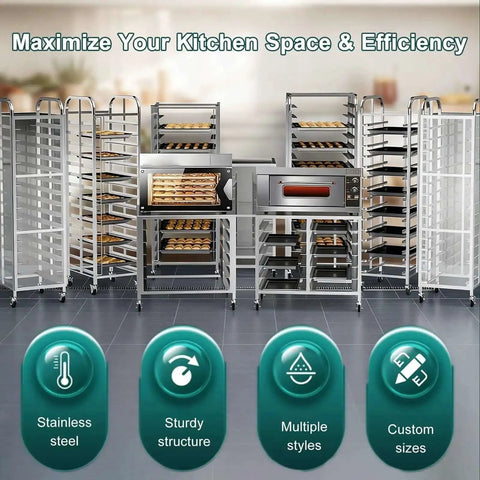 8-Tier Stainless Steel Bakery Cooling Rack On Wheels With Brakes, 16 Cm Spacing, for Baking Trays and Loaf Pans in a kitchen setup