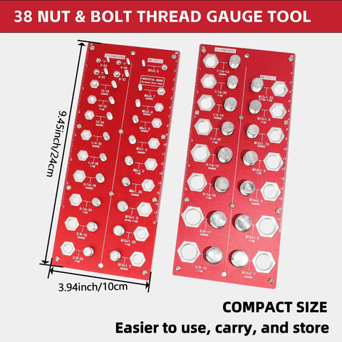 Thread Checker Nut And Bolt Size Gauge For Quick ID Of 38 Thread Sizes In Metric And Imperial With Red Handle Covers M3x0.5 To M16x2.0 And No 2-56 To 5/8-18 Fine, showing compact size and clear thread holes.