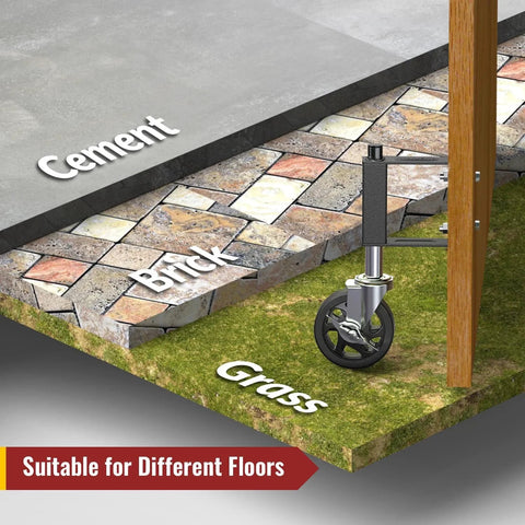 Heavy Duty Gate Caster With Spring Loaded Wheel supporting wooden gate on multiple surfaces: grass, brick, cement, illustrating versatility.