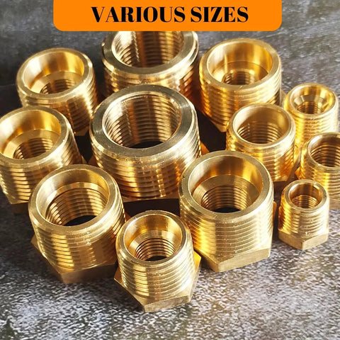 Assorted brass NPT reducer bushings including 2 Pack Brass NPT Reducer Bushing Three Quarter Inch Male To One Half Inch Female Hex Reducing.