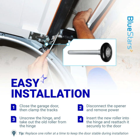 Installation of 24 Pack 1.8 Inch Nylon Garage Door Rollers With 4.7 Inch Stem 6200ZZ Sealed Bearing Eight Ball Design Quiet Durable Replacement For Standard 2 Inch Track Garage Doors Black