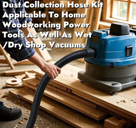 10 Foot Dust Collection Hose Kit With Five Fittings connected to wet dry shop vacuum in woodworking shop setting