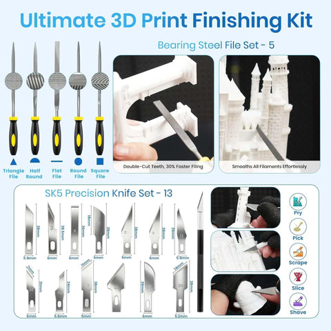 Pro Grade 142-Piece 3D Printer Tool Kit With 4-Layer Case featuring steel files and precision knives for Bambu Lab X1 P1S K1