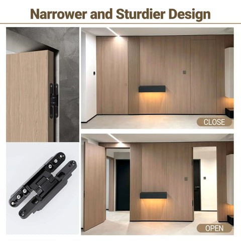 Hidden Door Hinges 2 Pack Black Low Profile Invisible Zinc Alloy Concealed Hinges shown installed on a wooden door with 180 degree swing.