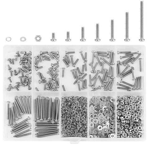 All In One Stainless Steel M2.5 Machine Screw Kit With Phillips Pan Head, 7 Sizes From 4mm To 20mm, Includes Hex Nuts, Lock Washers And Flat Washers, 304 Stainless, 560 Pieces For Any DIY Project organized in a box