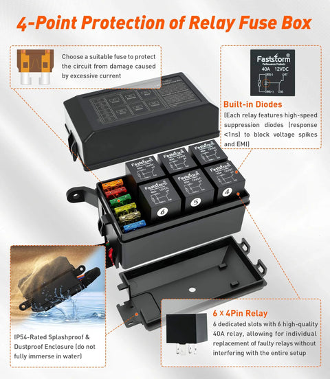 Beefy 6 Way Waterproof Fuse Relay Box With Built In Diodes Pre Wired 12 AWG Harness Includes Relays And Terminals ATC/ATO Fuses