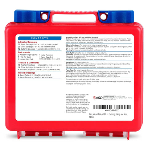 Back view of a red first aid kit box showing contents list, part of 110 Piece First Aid Kit With Physician Recommended Supplies For Travel Work School Home Car Emergency And Outdoor Adventures Includes Organized Pouches Comprehensive Guide Medicine Antiseptics Bandages And Refill Options