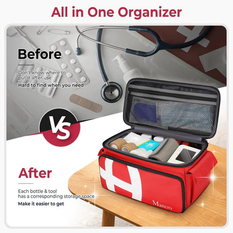 Large Capacity Medical Travel Bag With 12 Pockets And Pill Bottle Organizer for EMTs, nurses, doctors; open view showing organized supplies
