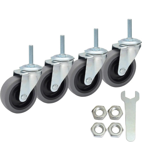 3-Inch Thermoplastic Rubber Caster Wheel With 3/8-16 Threaded Stem, 1-1/2 Inch Length, Heavy Duty Swivel Wheel, Set of 4, with nuts and wrench