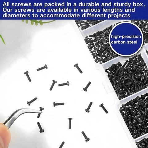 Tiny Micro Repair Screws Set In Black Carbon Steel Phillips Pan Head M1 To M1.7 For Eyeglasses Watches Clocks And Mobile Phones 1000Pcs Assorted Small Machine Screws In Clear Box