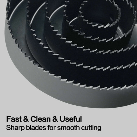 Close-up of sharp blades from the All In One Hole Saw Set 19 Piece Kit For Pros And DIYers With Three Quarters Inch To Five Inch General Purpose Blades Mandrels Drill Bits Installation Plate And Hex Key In Durable Storage Case For Wood Plywood And PVC Board