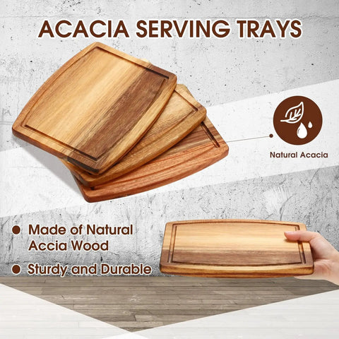 Stack of Acacia Wood Cutting Boards Set 10 Pcs Bulk for Laser Engraving and Charcuterie Serving Grooved Chopping Boards