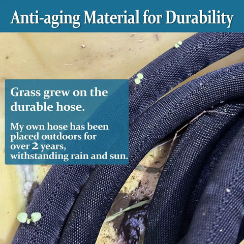 TPE Garden Hose 50 Feet Ultra Light Flexible Water Hose With Solid Brass Fittings Non Shrinking And Easy To Store Drinking Water Safe Material All Weather Sea Blue coiled on ground showing durability with grass growing through it.