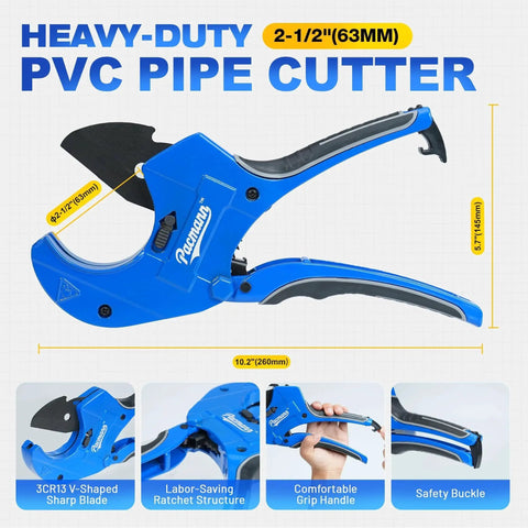 Beast Mode Heavy Duty Ratchet Pipe Cutter For PEX PVC PPR Hoses Up To 2 1/2 Inches With Deburring Tool Included Aluminum Alloy Body SK5 Blade And Teflon Coated For Ultra Clean Quick Cuts Pacmann.