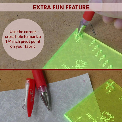 Green Must Have Seam Allowance Ruler And Magnetic Guide For Sewing Machines showing 1/4 inch pivot point use on fabric.