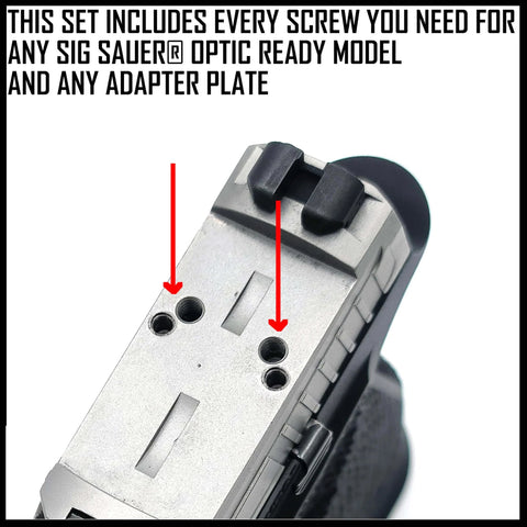 36 Piece Screw Set Built For SIG SAUER Red Dot Optics And Adapter Plates With T10 Key And Pre Coated Threadlocker Easy Mount Kit shown installed on firearm slide