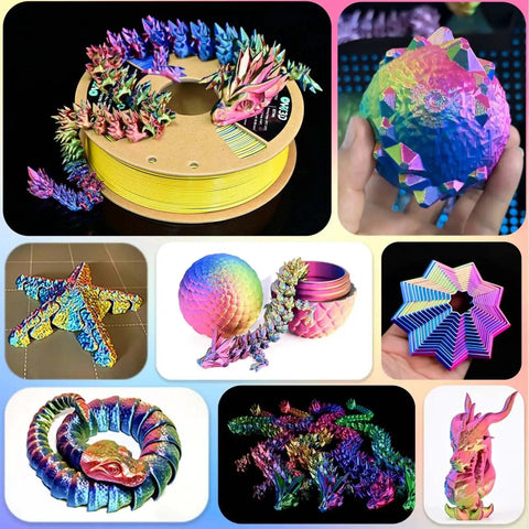 Examples of models made from Tri Color Coextruded Silk PLA Filament for 3D printing 1.75mm 1kg rainbow red yellow blue with silk finish