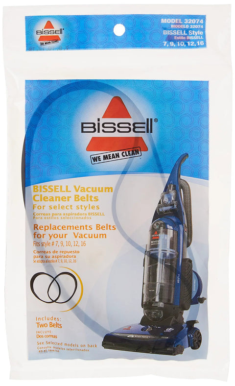 Front view of BISSELL replacement vacuum belt package (2 belts) for models 7, 9, 10, 12, 16.
