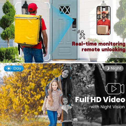 Front door with 6 In 1 Keyless Entry Smart Lock With Camera And Doorbell, showing real-time monitoring and night vision.