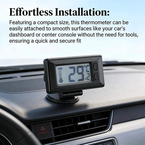 Mini Car Digital Thermometer With Inside Outside Temperature Readout And Max Min displaying 29°C on car dashboard