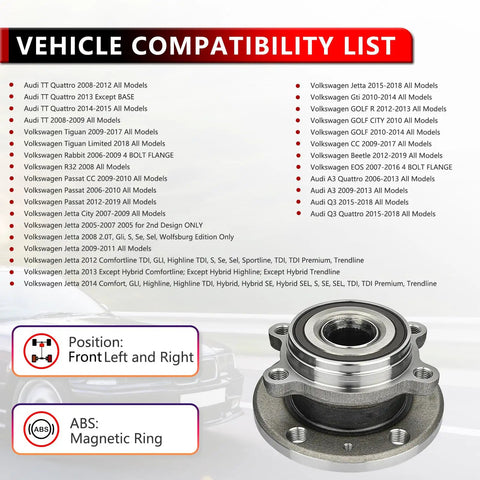 Front Wheel Bearing Hub Direct Replacement For Audi TT Quattro 08-12 with compatibility list shown