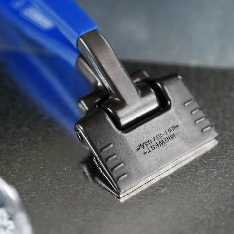Offset 3 Inch Seamer Tong For Sheet Metal Bending And Forming With One And Quarter Inch Throat Depth Ideal For HVAC Auto Repair And Home Improvement Midwest Made In USA MWT ST2 And Durable Build, close-up view showing grip and metal surface