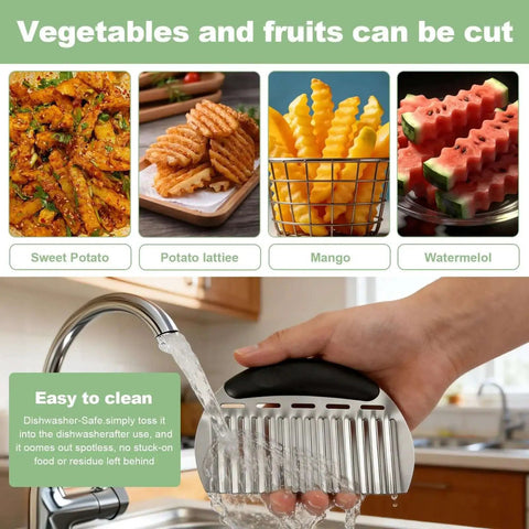 Stainless Steel Onion Holder And Slicer With Crinkle Cutter Multitool Kitchen Gadget With Ergonomic Handle in use under tap