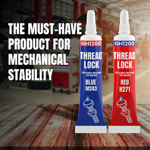GH1200 6GX2 Pack Thread Locker Medium And Strong Strength for nuts bolts metals, blue and red tubes on wooden surface.