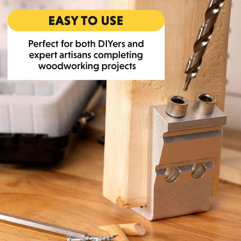 All In One Aluminum Pocket Hole Jig Kit With Carrying Case For Easy Corner And Angle Joints Face Frame Cabinets Leg And Rail Projects Do It Yourself Woodworking Made Simple With A Durable Pocket System For Quick Strong Joints shown in use with wood and drill bit