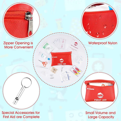 Compact 87 Piece Travel First Aid Kit For Home, Car, Camping, Outdoors And Work with waterproof nylon case and zipper detail.
