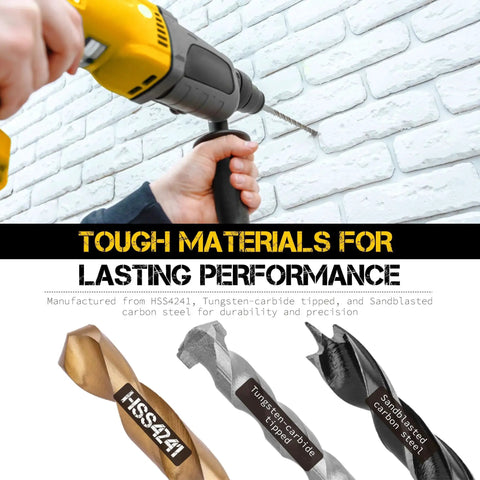63 Piece Drill Bit And Screwdriver Bit Set For Wood Metal Brick And Concrete With HSS Metal Masonry Brad Point Bits