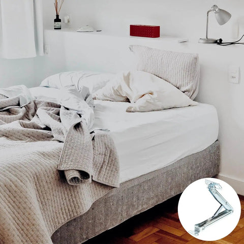 Adjustable Folding Lift Up Hinge For Massage Tables And Sofa Beds With Heavy Duty Drop Down Lid Support Bracket displayed with a bed