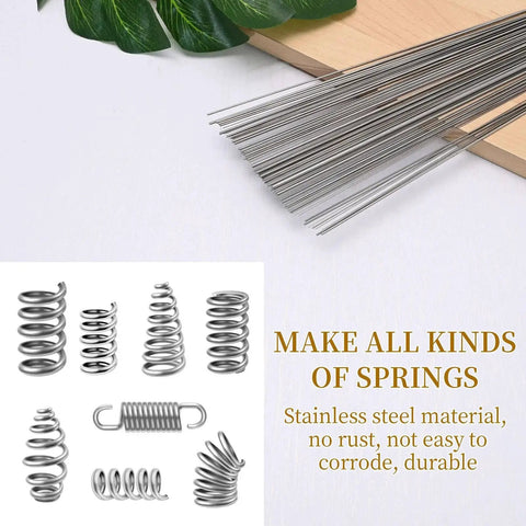 104 Pcs 40 Cm 304 Stainless Steel Spring Wire Set With 12 Diameters From 0.3mm To 3mm For Drift Punches DIY Crafts Model Making Jewelry And Engineering Projects High Hard Full Hard Spring Steel Wire shown with various spring shapes and metal wires on display.