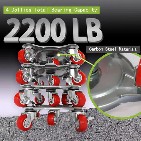 Stack of heavy-duty five wheel furniture mover dollies, carbon steel material, supports 2200 lb for safe moving of heavy furniture.