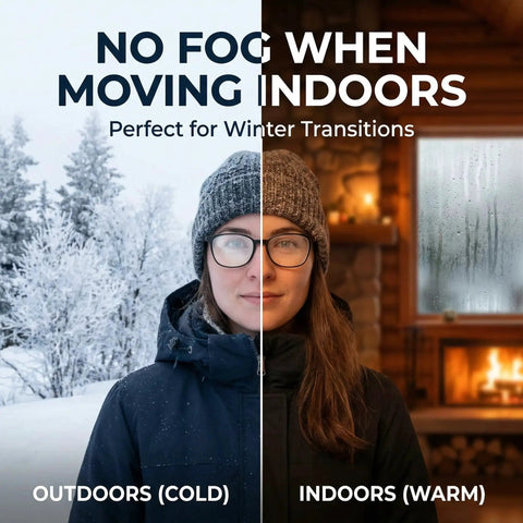 Woman transitioning from cold outdoors to warm indoors, showcasing effectiveness of Anti Fog Lens Wipes For Glasses And Goggles Defogger Towelettes 160 Count.