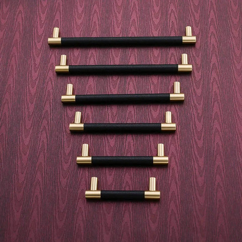 Brushed Satin Gold Bar Cabinet Handle With Black Leather Upholstery 8.5 Inch Overall Length, 7.5 Inch Center-To-Center, 5 Pack on wood