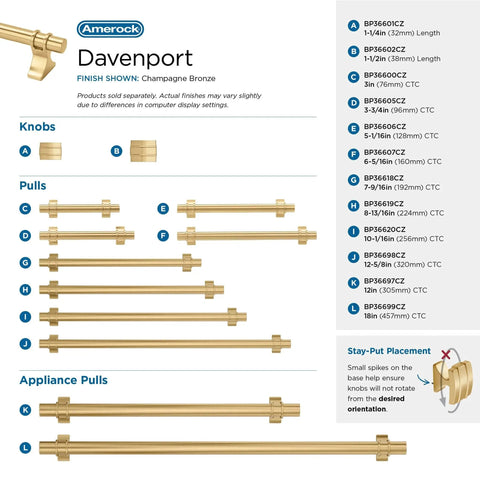 Detailed chart showing Davenport Champagne Bronze Cabinet Pull Six and a Half Inch Overall Length and various size options.