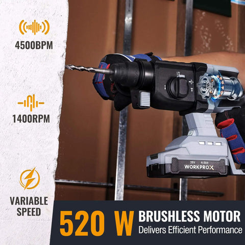 Cordless 20V Rotary Hammer Drill With SDS Plus Chuck, 7/8 Inch Capacity, 2.0J Concrete Hammer, Brushless Motor in use on wall