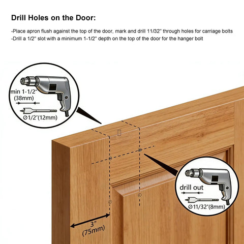 Drilling guide for Heavy Duty Exterior Sliding Door Roller Hanger Kit installation on wood door, diagram showing holes and measurements.