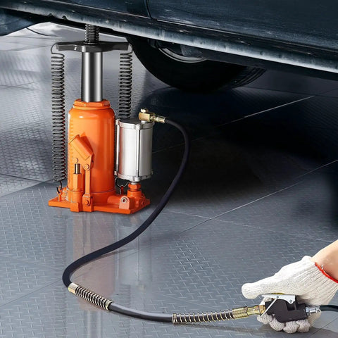 20 Ton Air Hydraulic Bottle Jack with Pneumatic and Manual Lift for Cars Trucks showing pneumatic setup under vehicle